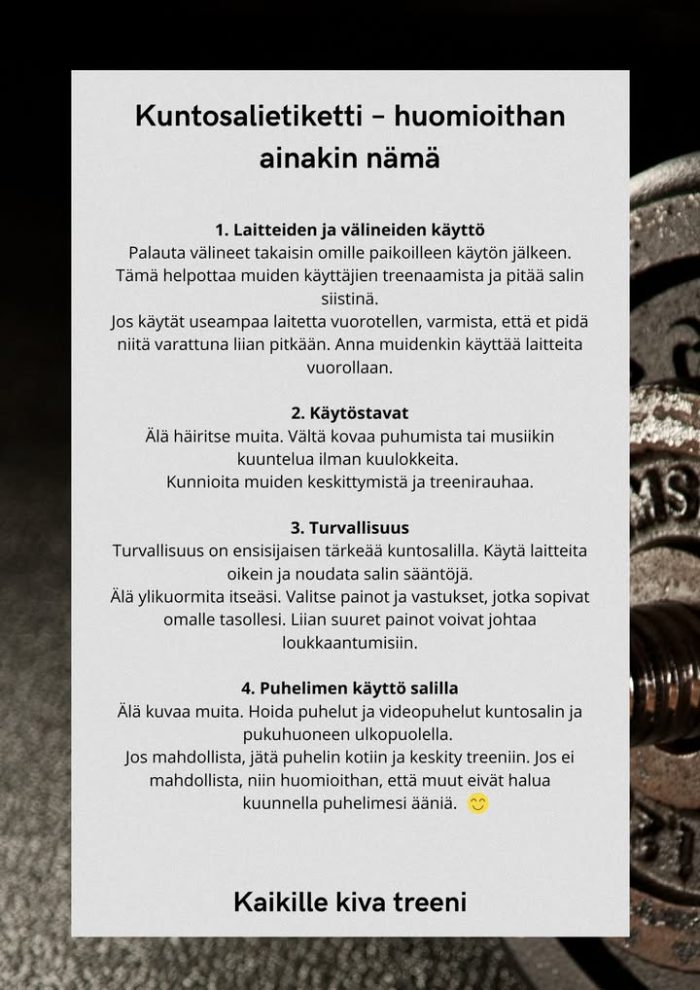 Sauvotalon (Vahtistentie 5) kuntosali on auki joka päivä klo 6-22, myös pääsiäisen pyhinä 🏋️‍♀️

Jotta treenaaminen olisi kaikille mukavaa, noudatathan salietikettiä 🙂

#elämälähellä
